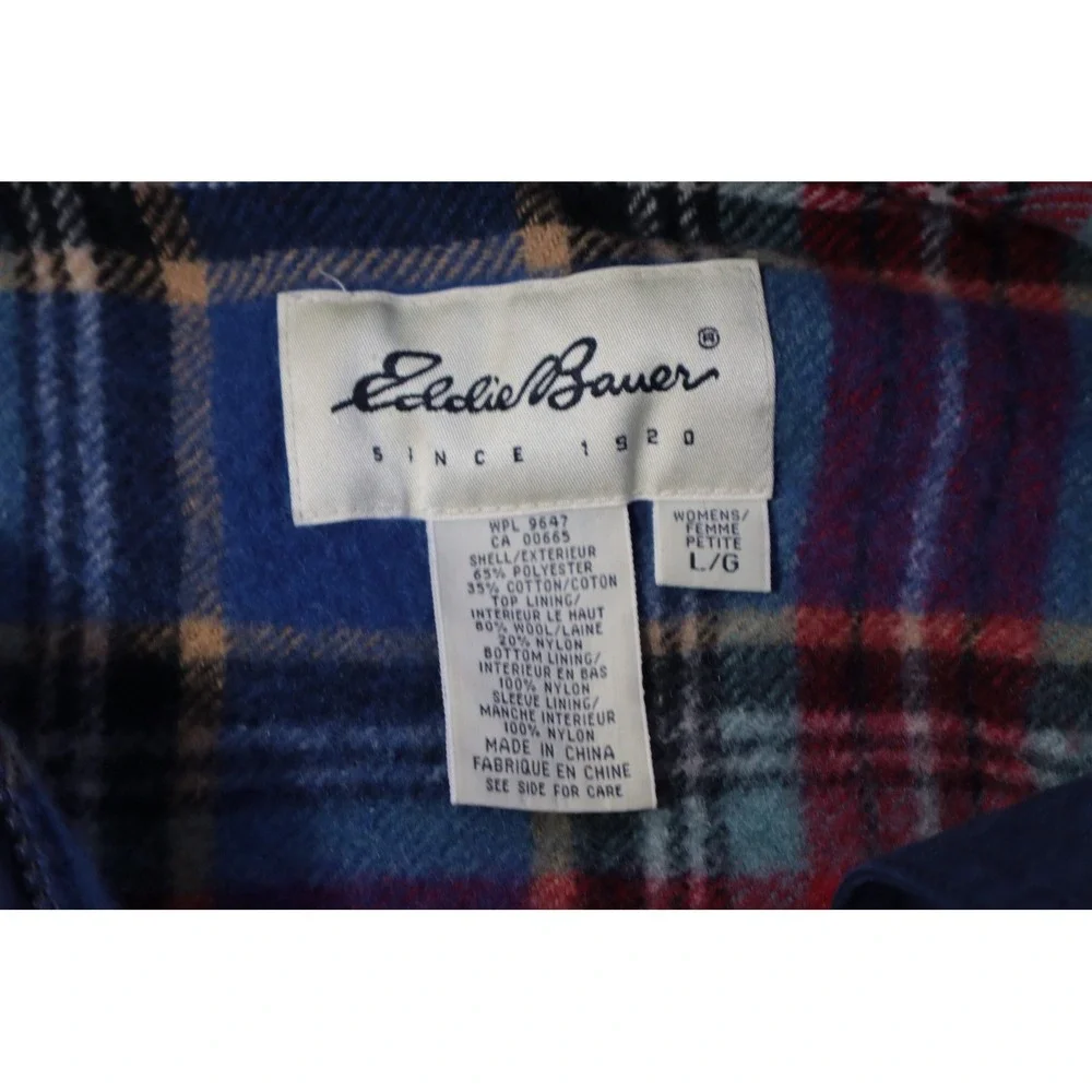 Vintage‎ Eddie Bauer Mens L Navy Blue Flannel Plaid Lined Hooded Field Jacket